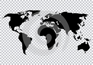 Black world map silhouette on transparent background