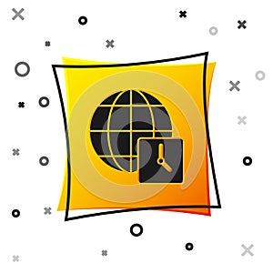 Black World time icon isolated on white background. Clock and globe. Yellow square button. Vector
