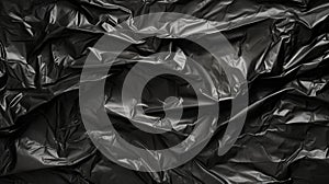 Black wrinkled plastic wrap texture. Crumpled dark thin plastic background. Generative AI