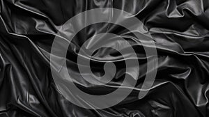 Black wrinkled plastic wrap texture. Crumpled dark thin plastic background. Generative AI