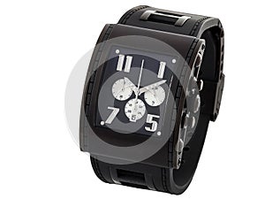 Black wrist watch with streamlined modern design and rubber bracelet.