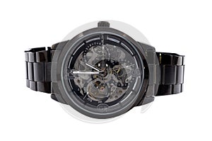 Black wristwatch on a white background