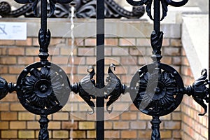black wrought iron fence detail in Budapest. forged steel decorative pattern. ornate rose shape element.