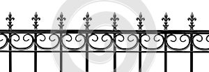 Black wrought iron front garden. Metal fence made of forged steel. Close up. Isolated on white background