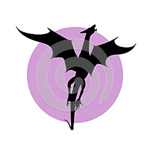 Black wyvern on the violet backdrop as print, sticker or isolated pattern.