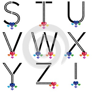 Black XYZ letters with diamond and colorful gems. Characters with precious gemstones. Vector illustration.  Crystal studded letter