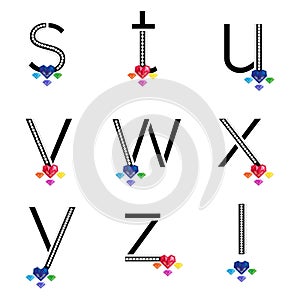 Black XYZ lowercase letters with diamond and colorful gems. Characters with precious gemstones. Vector illustration.