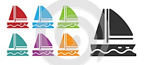 Black Yacht sailboat or sailing ship icon isolated on white background. Sail boat marine cruise travel. Set icons