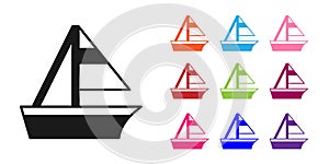 Black Yacht sailboat or sailing ship icon isolated on white background. Sail boat marine cruise travel. Set icons