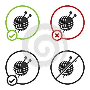 Black Yarn ball with knitting needles icon isolated on white background. Label for hand made, knitting or tailor shop