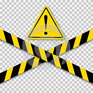 Black and yellow caution striped tapes with yellow hazard warning attention sign.