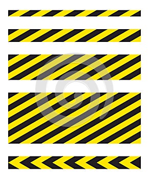 Black and yellow diagonal stripe vector icon collection. Seamless caution and warning sign tape set.