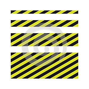 Black and yellow diagonal stripe vector icon collection. Seamless caution and warning sign tape set. Industrial safety and attenti