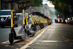 Black and yellow electric scooters lined up along the road in the city, with distant blurred lights.