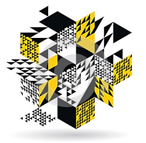 Black and yellow geometric vector abstract background with cubes and shapes, isometric 3D abstraction art displaying city