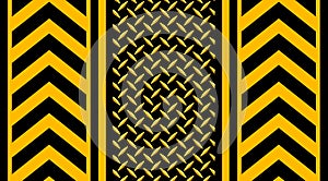 Black yellow iron surface background with diamond plate texture pattern, warning stripes industrial design