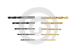 Black and yellow metal drill bits on white background isolated.