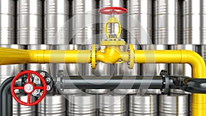 Black and yellow metal pipes with red valves are in front of metallic oil barrels blurred on background, pipeline concept, 3d