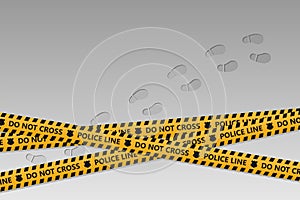 Black and yellow police line and do not cross tapes design with footprints on the background. Vector illustration