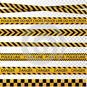 Black and yellow police stripe border, construction, danger caution seamless tapes vector set