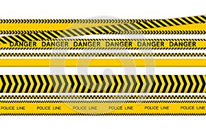 Black and yellow police stripe border, construction, danger caution seamless tapes vector set