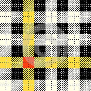 Black, yellow, red and white fabric texture check tartan seamless pattern. Vector illustration.