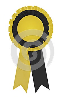 Black and yellow ribbon rosette photograph on white background