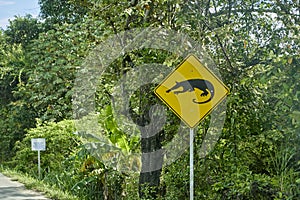 black and yellow road sign standing next to the street in Colombia.