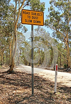 Black and yellow Road Subject To Dust Slow Down sign