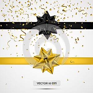 Black and yellow satin bows.Vector illustration. White background. Luxury bows and ribbons collection with confetti.