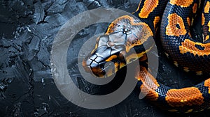 Black yellow snake close up view