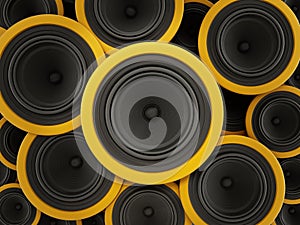 Black and yellow speakers background. 3D illustration