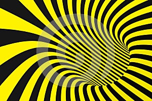 Black and yellow spiral tunnel from police ribbons. Striped twisted hypnotic optical illusion. Warning safety background.