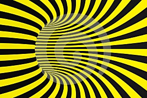 Black and yellow spiral tunnel from police ribbons. Striped twisted hypnotic optical illusion. Warning safety background.