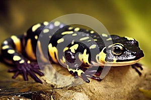 Black yellow spotted salamander with brown eyes on gray stone.