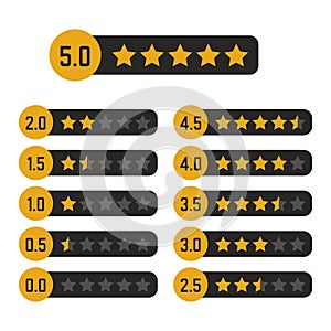Black and yellow star rating design gold icons set. Review the quality best rank by five. Success symbol vector illustration