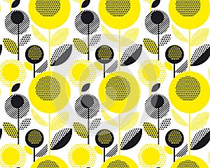 Black and yellow textured 60s floral retro pattern.