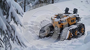 Black and yellow vehicle with snow tires driving through freezing snow