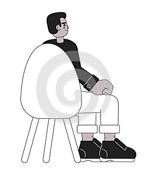 Black young adult man sitting in chair back view black and white 2D cartoon character