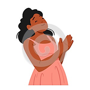 Black Young Female Character Praise. Woman with Closed Eyes And Clasped Hands In A Serene Pose, Vector Illustration