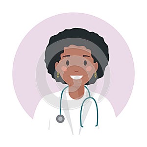 Black young woman doctor or nurse in medical white coat with glasses and stethoscope. African american nurse or