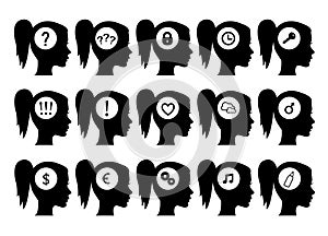 Black young woman head silhouettes icons with different thoughts isolated on white background, vector illustration
