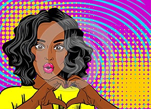 Black young woman pop art show heart hands