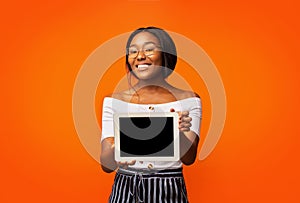 Black Young Woman Showing Tablet Blank Screen Standing, Studio, Mockup