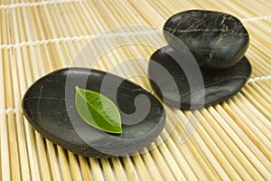 Black zen pebbles and green leaf