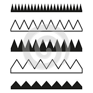 Black zigzag patterns set. Varied triangle borders. Horizontal line designs. Vector illustration. EPS 10.