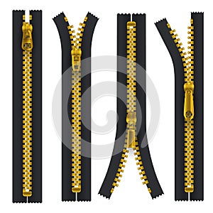 Black zipper with metallic golden teeth and hasp