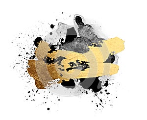 Blackand Gold Abstract color smear acrylic and watercolor blot painting. Canvas texture background. Isolated on white
