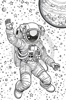 Blackandwhite cartoon art of an astronaut in space waving photo