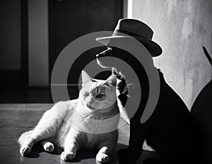 Blackandwhite photo of a cat and dog in hats, showcasing their stylish gesture